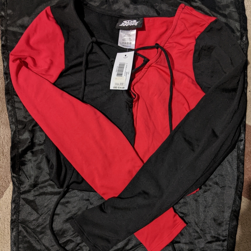 Long sleeve black and red bodysuit. Harley Quinn inspired.